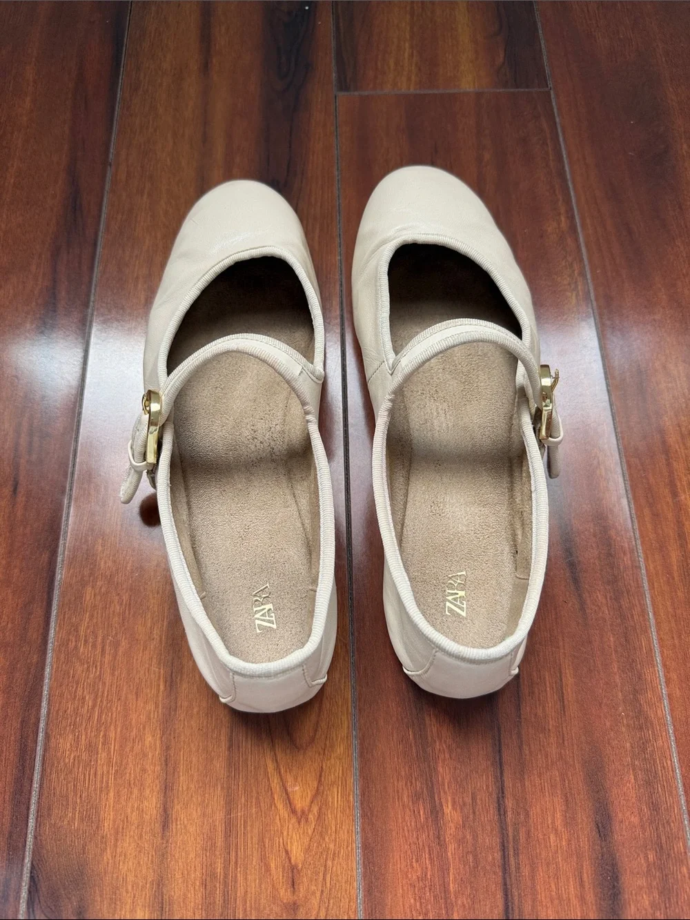 ZARA Cream Mary Jane Flats with Gold Buckle Detail leather